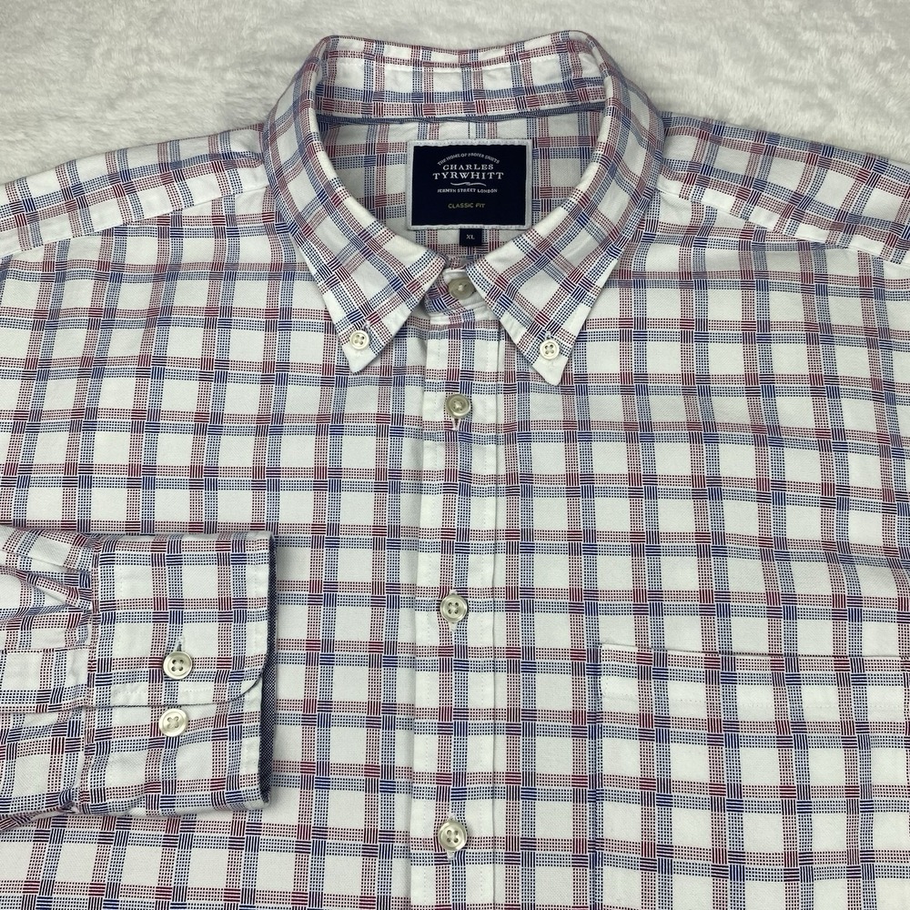 Charles Tyrwhitt Shirt Men's XL Mauve/White/Blue Checks Classic Fit Heavyweight